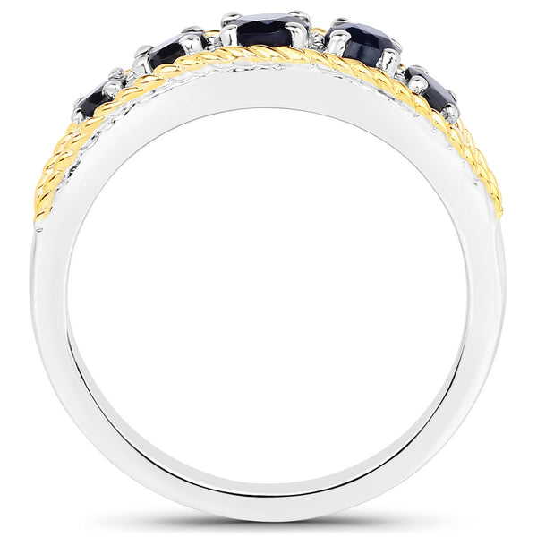 0.77 Carat Genuine Blue Sapphire and White Diamond 14K Yellow Gold with .925 Sterling Silver Ring