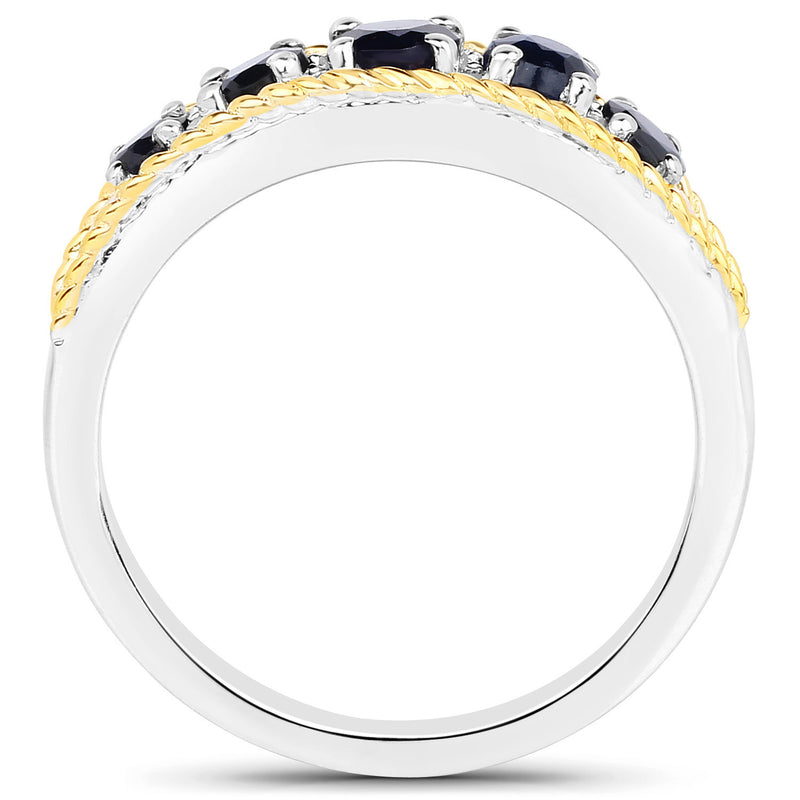 0.77 Carat Genuine Blue Sapphire and White Diamond 14K Yellow Gold with .925 Sterling Silver Ring