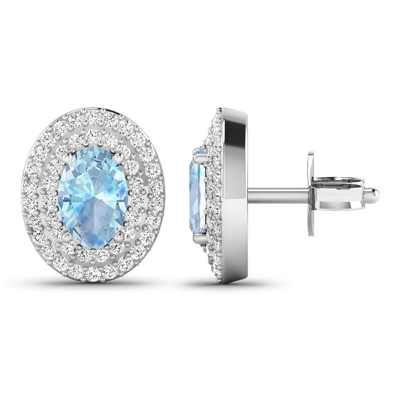 1.02 Carat Genuine Aquamarine and White Diamond 14K White Gold Earrings