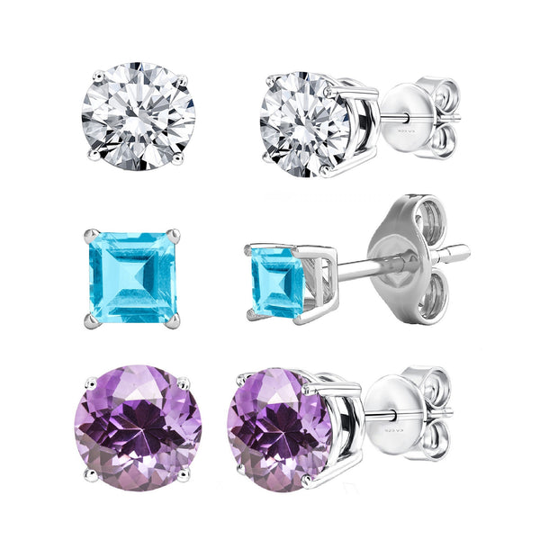 V3 Jewelry Sterling Silver Set of 3 -Natural Amethyst, White Topaz and Sky Blue Topaz Stud Earrings