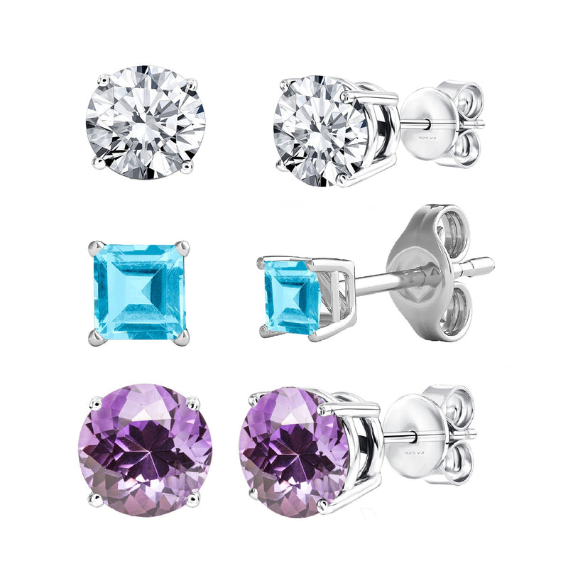 V3 Jewelry Sterling Silver Set of 3 -Natural Amethyst, White Topaz and Sky Blue Topaz Stud Earrings