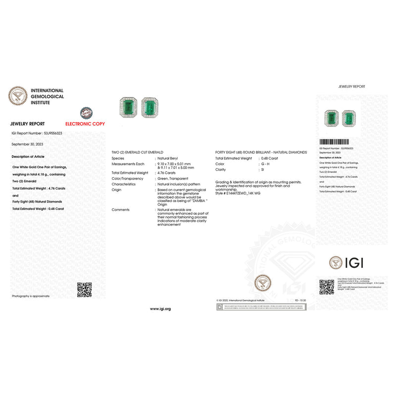 IGI Certified 5.24 Carat Genuine Zambian Emerald and White Diamond 14K White Gold Earrings