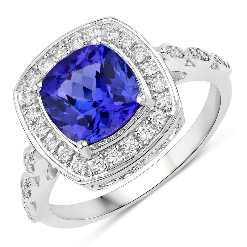 2.54 Carat Genuine Tanzanite and White Diamond 14K White Gold Ring