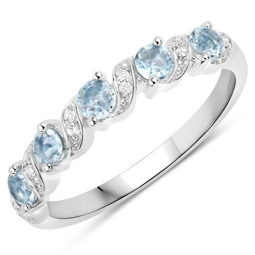 0.54 Carat Genuine Aquamarine and White Topaz .925 Sterling Silver Ring