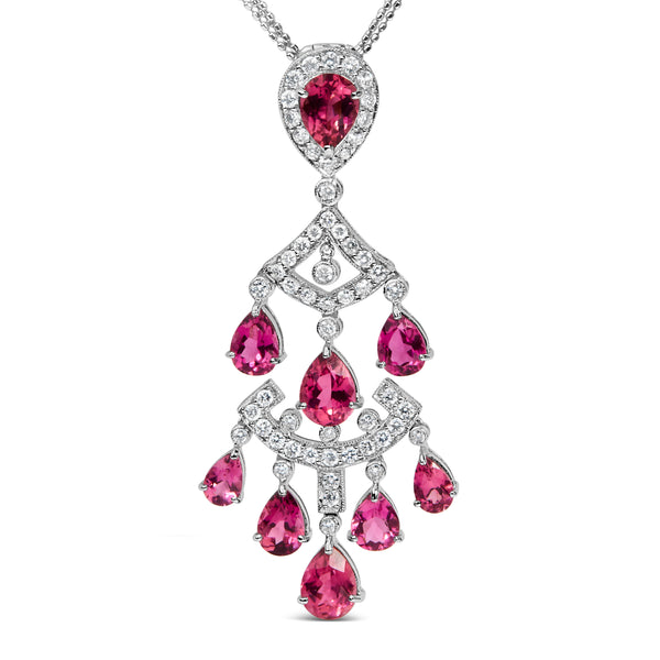 18K White Gold 1 1/10 Cttw Diamond and Pink Tourmaline Double-Strand Art Deco Inspired Chandelier 18" Pendant Necklace (F-G Color, VVS2-VS1 Clarity)