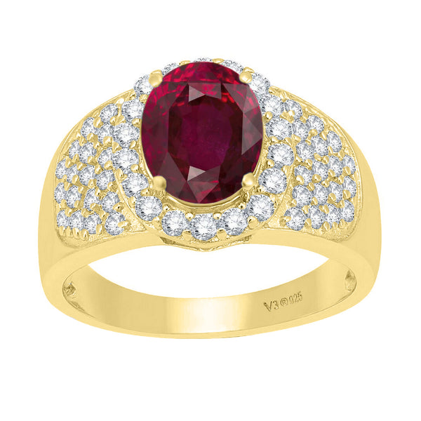 V3 Jewelry 18K Gold Plated Ruby & White Topaz Halo Oval Ring
