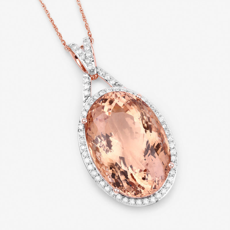 25.57 Carat Genuine Morganite and White Diamond 14K Rose Gold Pendant