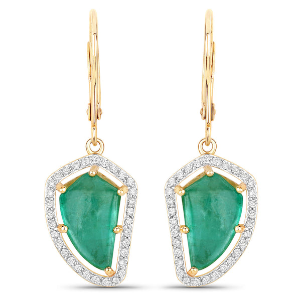 7.56 Carat Genuine Colombian Emerald and White Diamond 14K Yellow Gold Earrings