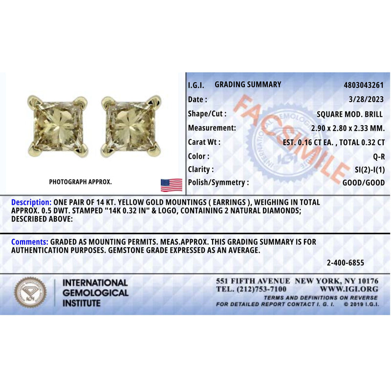 IGI Certified 14k Yellow Gold 1/3 Cttw 4-Prong Set Princess-Cut Solitaire Diamond Push Back Stud Earrings (Q-R Color, I1-I2 Clarity)