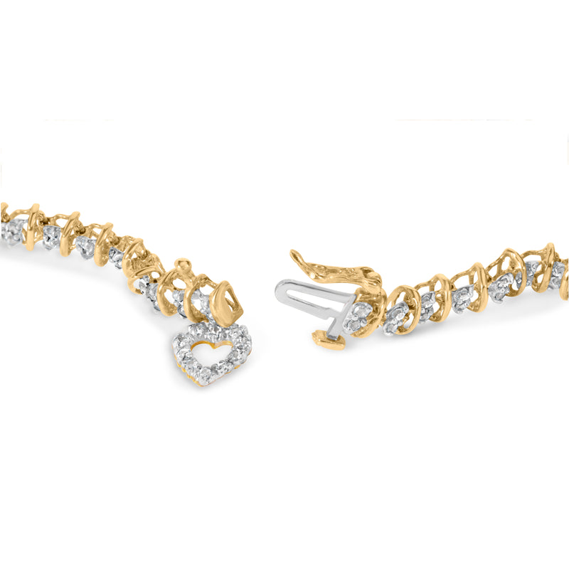 10K Yellow Gold 1.00 Cttw Diamond Spiral Link 7" Bracelet with Heart Charm (H-I Color, I3 Clarity)