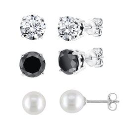 V3 Jewelry Set of Three Sterling Silver Earrings Natural Black Spinel, White Topaz and Cultured Pearl