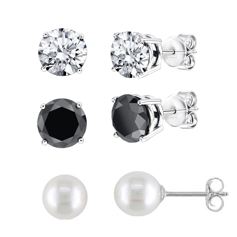 V3 Jewelry Set of Three Sterling Silver Earrings Natural Black Spinel, White Topaz and Cultured Pearl