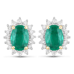 1.72 Carat Genuine Zambian Emerald and White Diamond 14K Yellow Gold Earrings