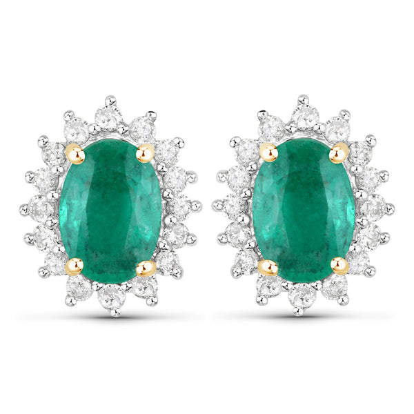 1.72 Carat Genuine Zambian Emerald and White Diamond 14K Yellow Gold Earrings