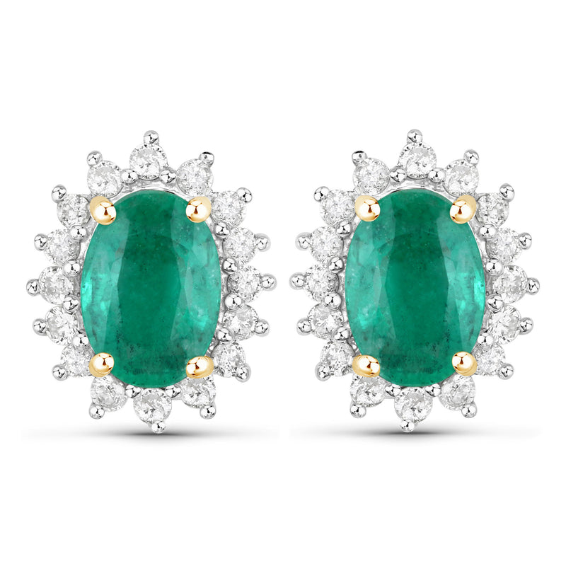 1.72 Carat Genuine Zambian Emerald and White Diamond 14K Yellow Gold Earrings