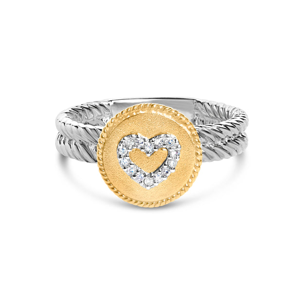 18K Yellow Gold Plated .925 Sterling Silver Diamond Heart Ring with Satin Finish (I-J Color, SI1-SI2 Clarity) - Ring Size 7