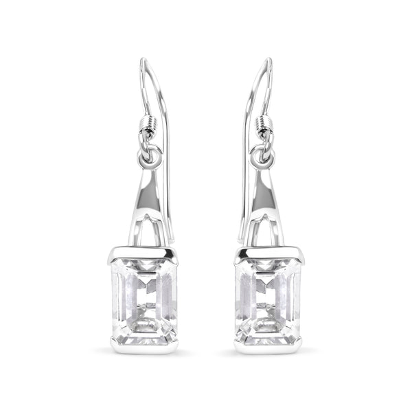 .925 Sterling Silver 3.0 Cttw Emerald Cut White Topaz Solitaire Dangle Earring - AAA Quality