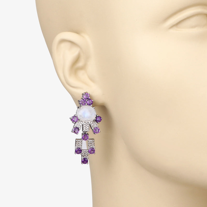 16.70 Carat Genuine Amethyst, Rainbow and White Diamond .925 Sterling Silver Earrings