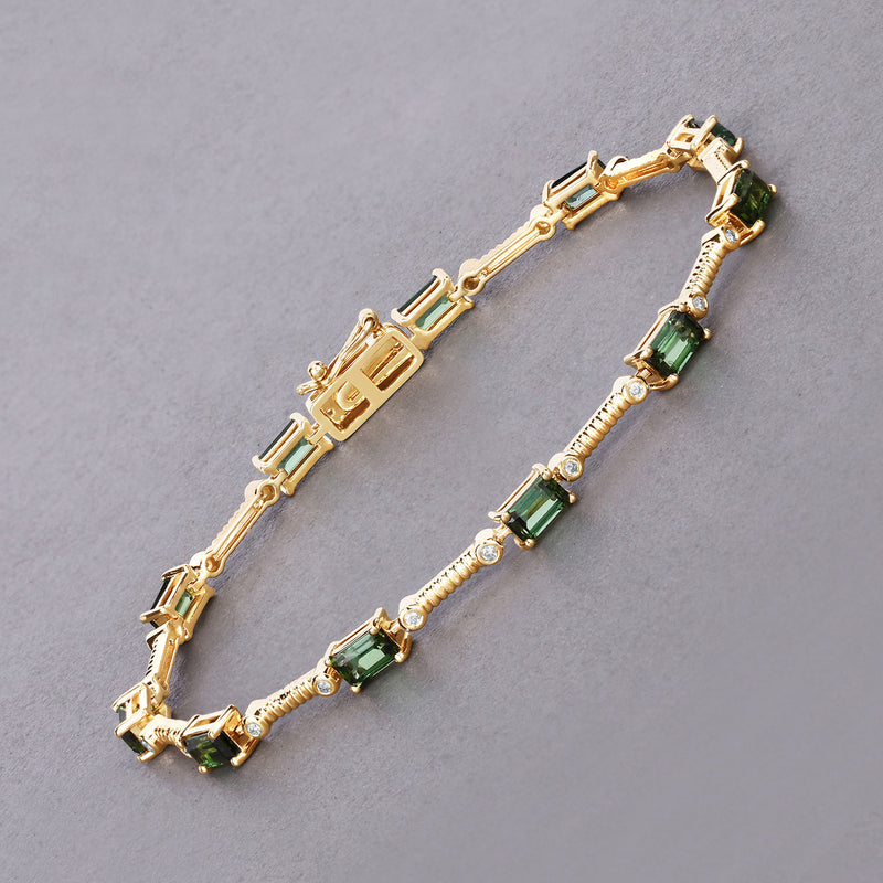 3.22 Carat Genuine Green Tourmaline and White Diamond 14K Yellow Gold Bracelet