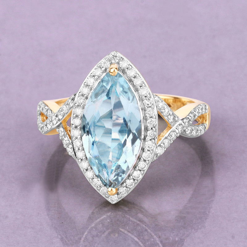 2.24 Carat Genuine Aquamarine and White Diamond 14K Yellow Gold Ring