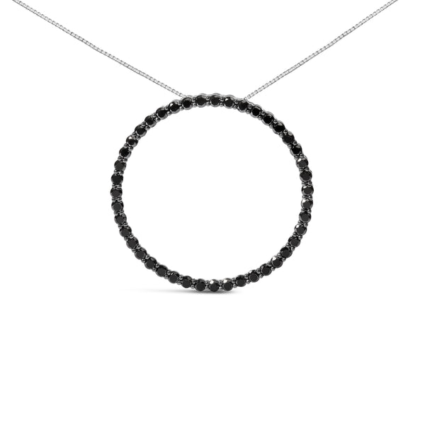 .925 Sterling Silver 3.0 Cttw Black Diamond Open Hoop Circle 18" Pendant Necklace (Black Color, I2-I3 Clarity)