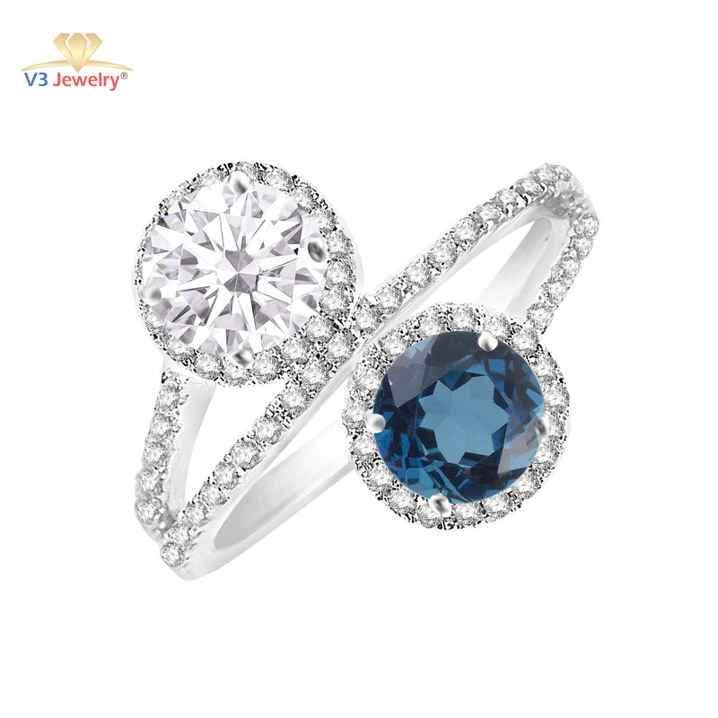 V3 Jewelry London Blue Topaz & Moissanite Double Round-Cut Halo Ring
