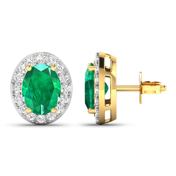 2.45 Carat Genuine Zambian Emerald and White Diamond 14K Yellow Gold Earrings