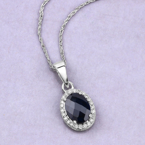 1.66 Carat Genuine Blue Sapphire and White Diamond 14K White Gold Pendant