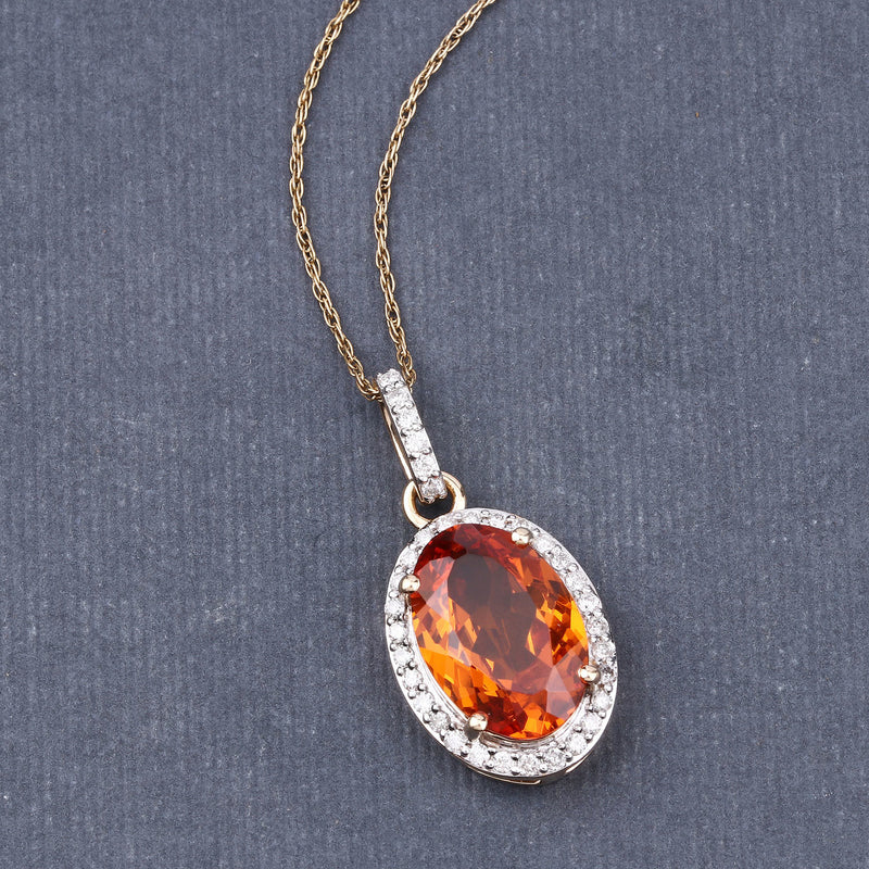 4.83 Carat Genuine Spessartite Garnet and White Diamond 14K Yellow Gold Pendant