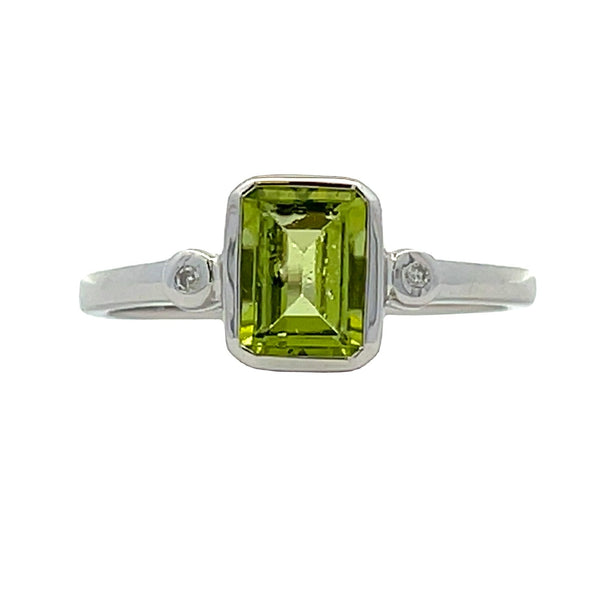 Genuine 1.04ct Peridot Diamond Ring 10KT White Gold