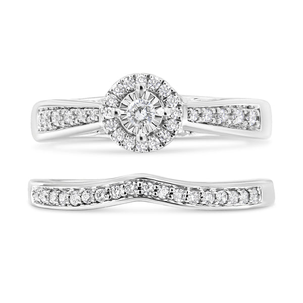 .925 Sterling Silver 1/3 Cttw Diamond Halo and Pave Shank Engagement Ring Set (I-J Color, I3 Clarity) - Ring Size 7