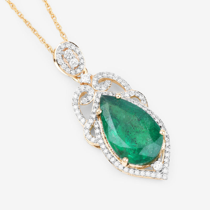 IGI Certified 3.89 Carat Genuine Zambian Emerald and White Diamond 14K Yellow Gold Pendant