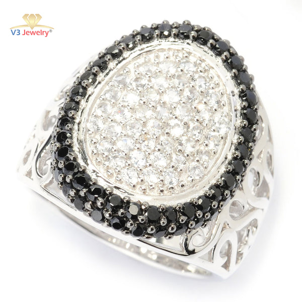 V3 Jewelry White Topaz & Black Spinel Wide Oval Ring