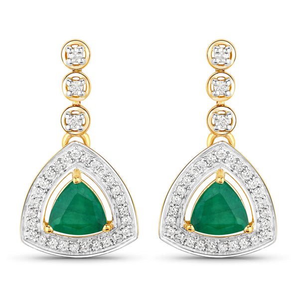 1.39 Carat Genuine Zambian Emerald and White Diamond 14K Yellow Gold Earrings