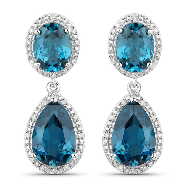 11.45 Carat Genuine London Blue Topaz and White Diamond .925 Sterling Silver Earrings