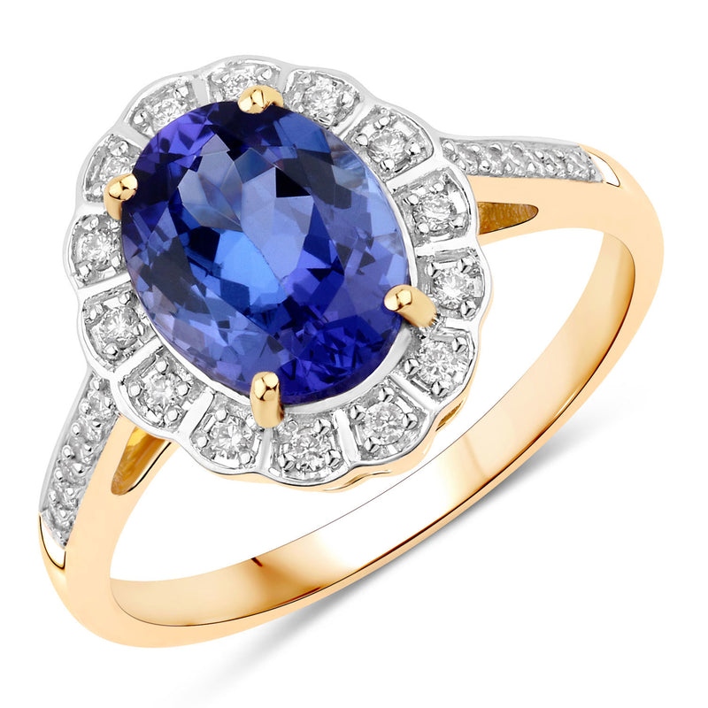 2.39 Carat Genuine Tanzanite and White Diamond 14K Yellow Gold Ring