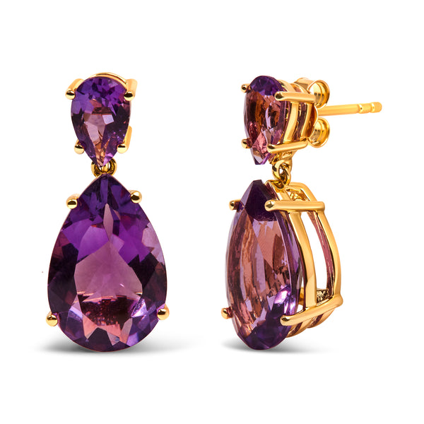 10K Yellow Gold Plated .925 Sterling Silver 12 2/5 Cttw Pear Shaped Purple Brazilian Amethyst Double Dangle and Drop Earring