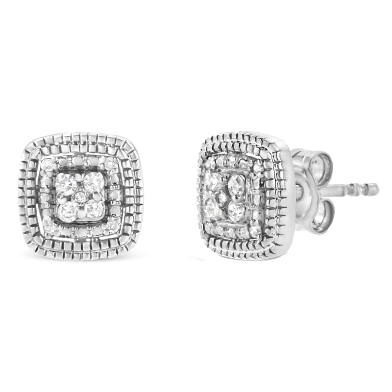 10K Yellow Gold Plated .925 Sterling Silver 1/10 Cttw Prong-Set Round Cut Diamond Square Shape with Milgrain Halo Stud Earrings (I-J Color, I2-I3 Clarity)