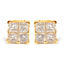 14K Yellow Gold 3/4 Cttw Invisible Set Princess-Cut Diamond 4 Stone Square Stud Earrings (J-K Color, SI2-I1 Clarity)