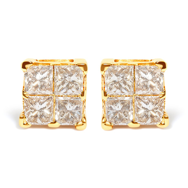 14K Yellow Gold 3/4 Cttw Invisible Set Princess-Cut Diamond 4 Stone Square Stud Earrings (J-K Color, SI2-I1 Clarity)