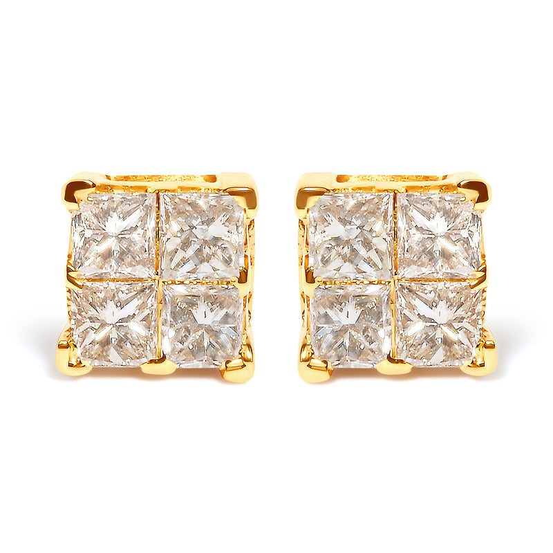 14K Yellow Gold 3/4 Cttw Invisible Set Princess-Cut Diamond 4 Stone Square Stud Earrings (J-K Color, SI2-I1 Clarity)