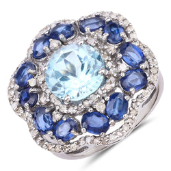 6.70 Carat Genuine Kyanite, Blue Topaz and White Diamond .925 Sterling Silver Ring