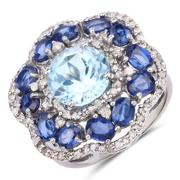 6.70 Carat Genuine Kyanite, Blue Topaz and White Diamond .925 Sterling Silver Ring