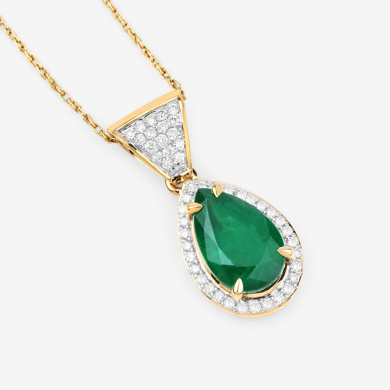 IGI Certified 2.59 Carat Genuine Zambian Emerald and White Diamond 14K Yellow Gold Pendant