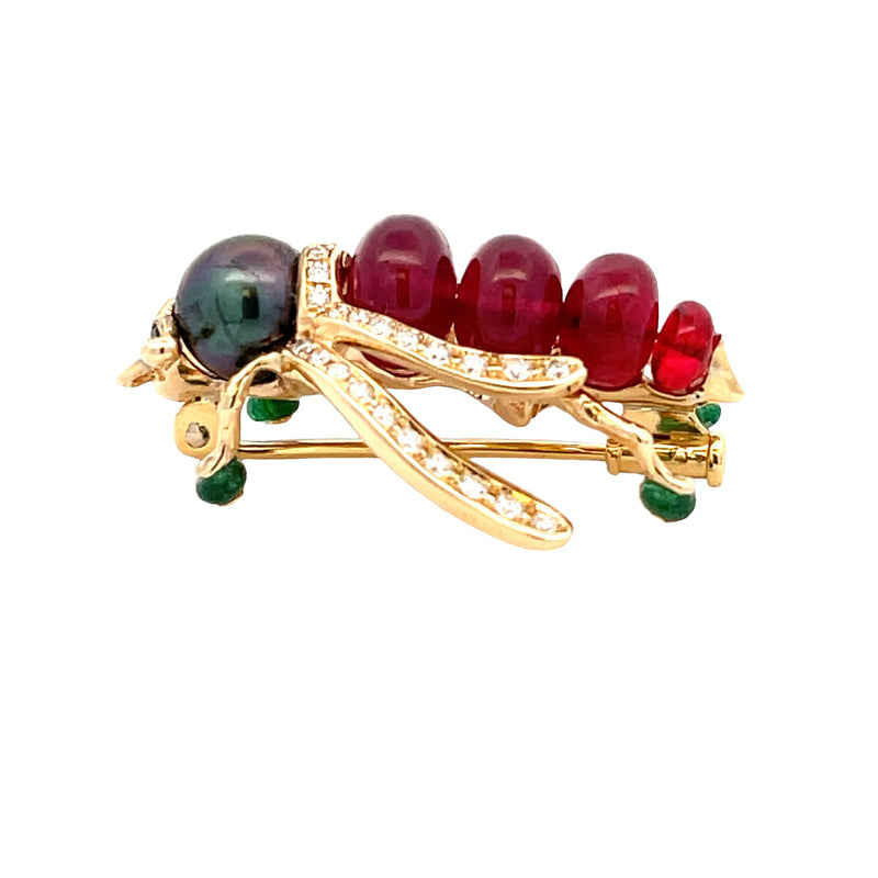 12.70ct Ruby Tahitian Pearl Pin Brooch 14KT Yellow Gold