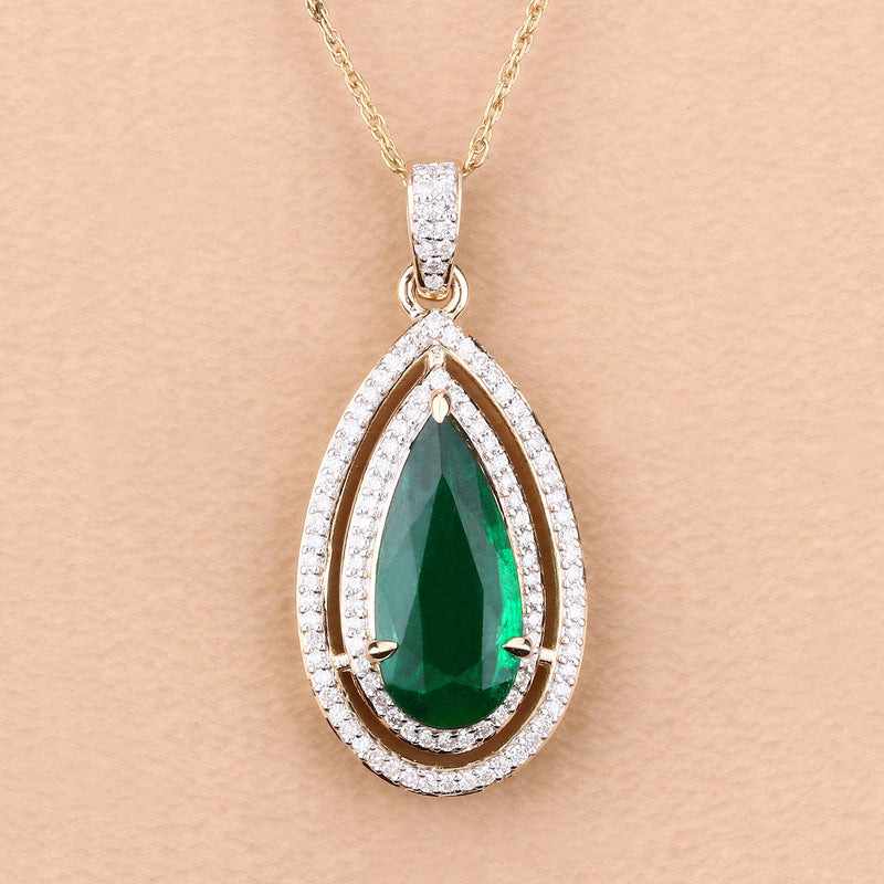 IGI Certified 2.17 Carat Genuine Zambian Emerald and White Diamond 14K Yellow Gold Pendant