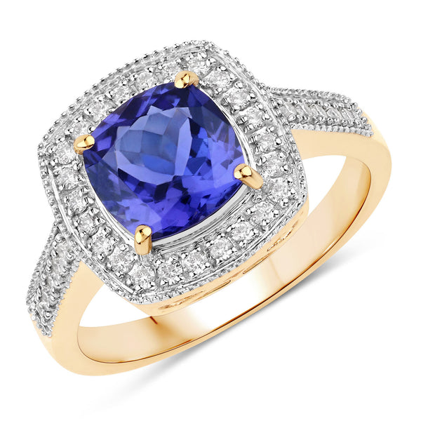 1.98 Carat Genuine Tanzanite and White Diamond 14K Yellow Gold Ring