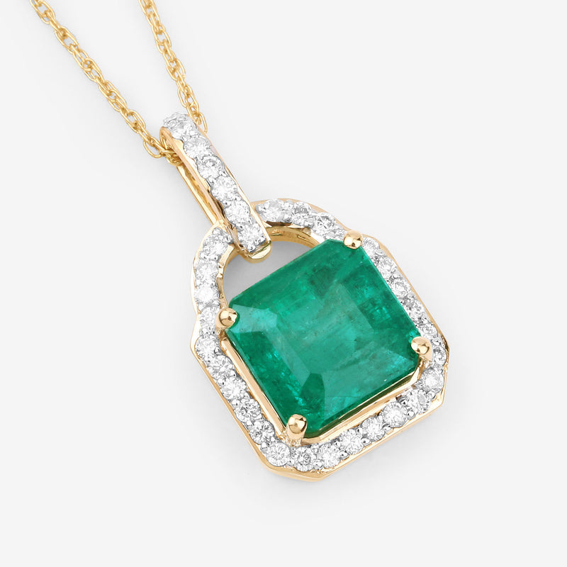 IGI Certified 3.37 Carat Genuine Zambian Emerald and White Diamond 14K Yellow Gold Pendant