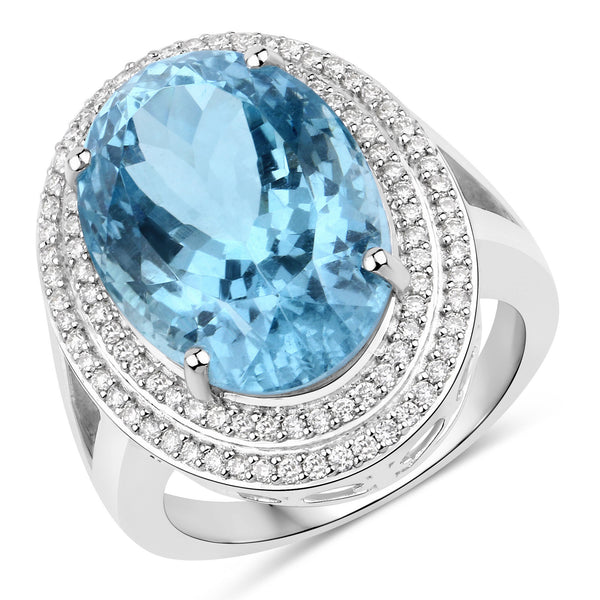 12.89 Carat Genuine Aquamarine and White Diamond 14K White Gold Ring