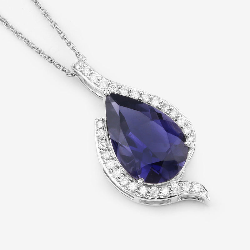 3.40 Carat Genuine Iolite and White Diamond 14K White Gold Pendant